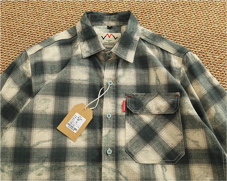 Autumn New Japanese Retro Long-Sleeve Lapel Plaid Cargo Shirt Men's Simple 100% Cotton Washed Pocket Casual Blouses Thin Coat