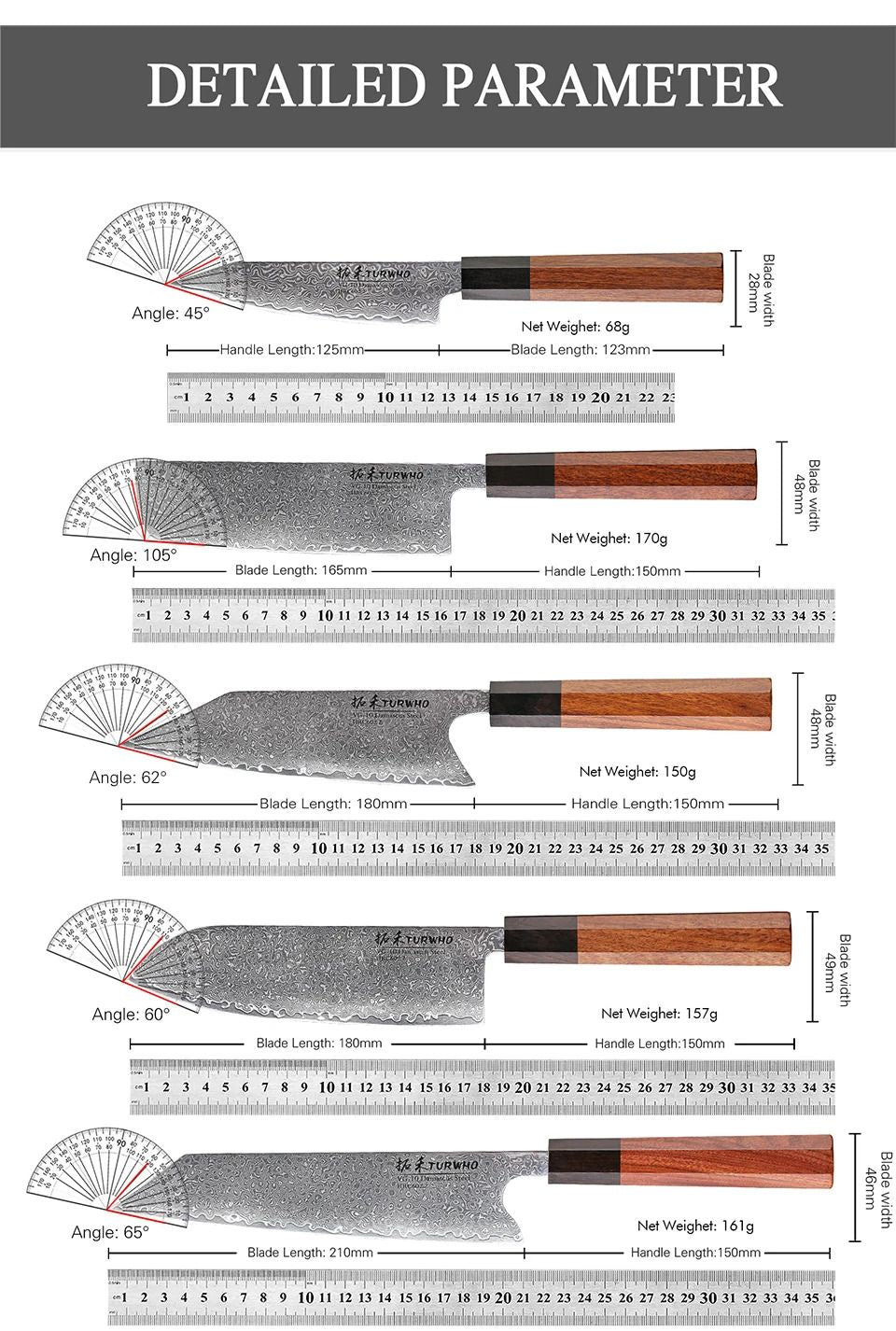 TURWHO Hand Forged Japanese Kitchen Knives Damascus Chef Knife High Carbon VG10 Steel Santoku Nakiri Bread Utility Handmad Knife