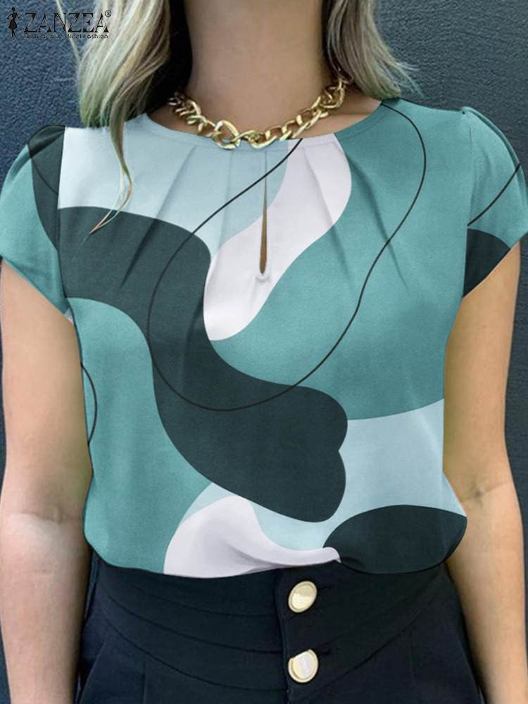ZANZEA Women Summer Blouse Bohemain Holiday Shirt Fashion Short Sleeve Printed Tops Tunic Female Elegant Work Party Blusas Mujer