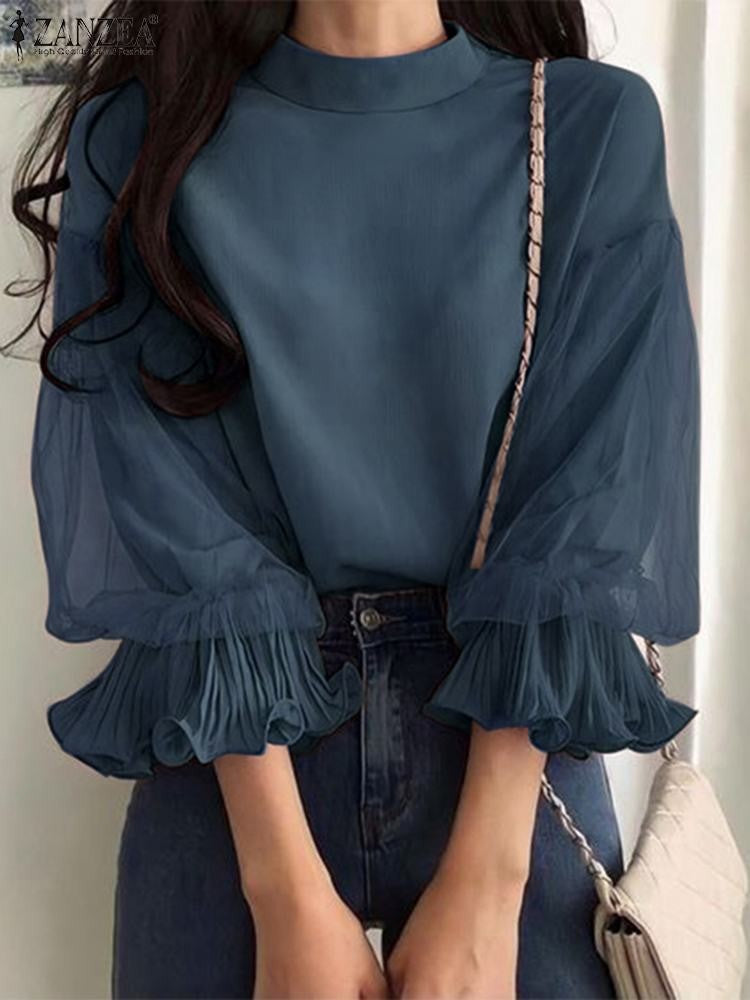 ZANZEA Women Elegant Party Blouse Chic Mesh Ruffle 3/4 Sleeve Tops 2025 Autumn Designer Stand Collar Shirts Korean Loose Tunics
