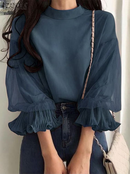 ZANZEA Women Elegant Party Blouse Chic Mesh Ruffle 3/4 Sleeve Tops 2025 Autumn Designer Stand Collar Shirts Korean Loose Tunics