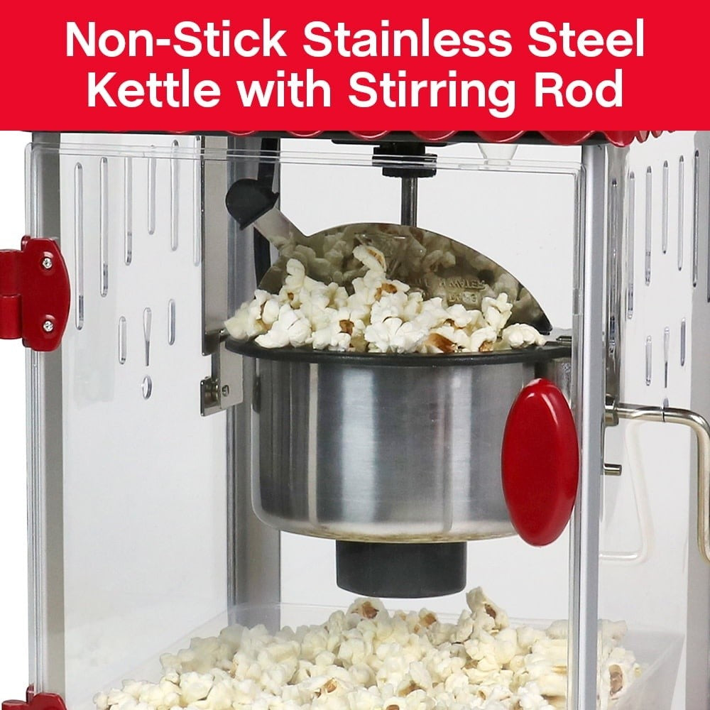 Popcorn Machine with Cart 10 Cup Capacity Stainless Steel Kettle Movie Theater Style Easy Mobility Serving Tray Built-in Light