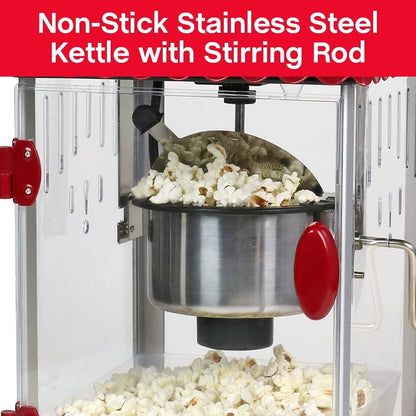 Popcorn Machine with Cart 10 Cup Capacity Stainless Steel Kettle Movie Theater Style Easy Mobility Serving Tray Built-in Light