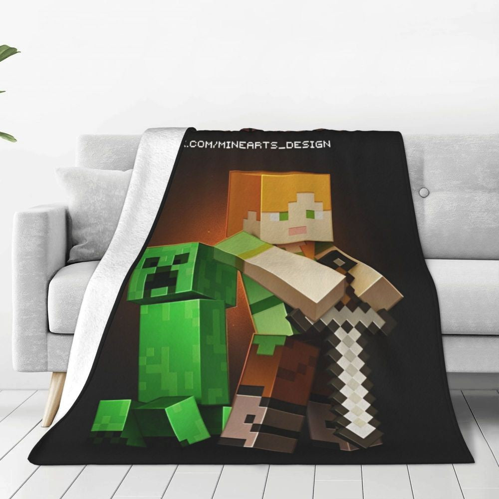 Cartoon Mines Pixel Game Crafts Flannel Blanket Super Warm Throw Blanket for Home Decor Decorative Street Trend Bedspread