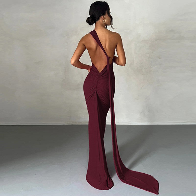 Hugcitar One Shoulder Backless Adjustable Scarf Loop Ruched Sexy Maxi Dress Wome