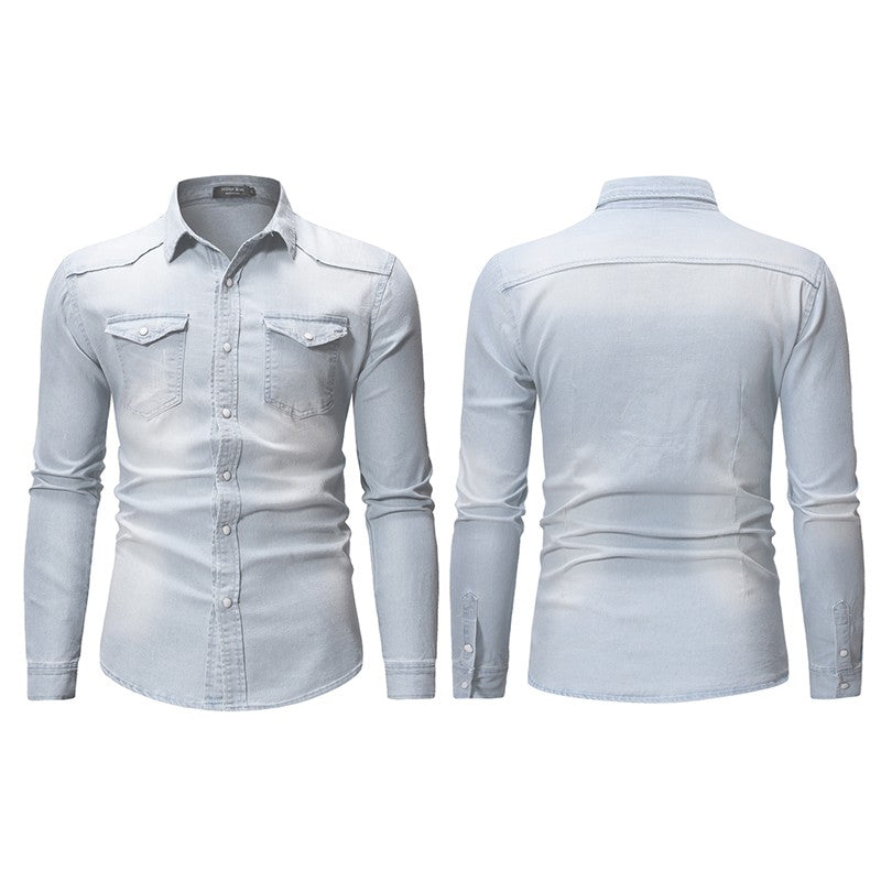 2024 Men's Spring Autumn Casual Shirts Solid Color Long Sleeve Lapel Denim Tops Button Shirts for Party