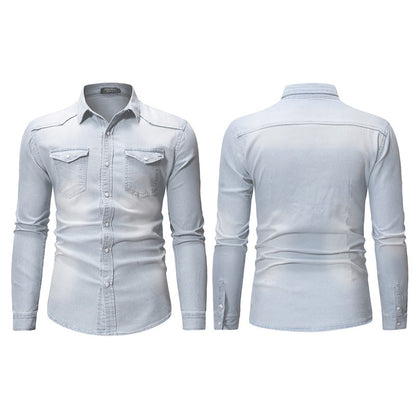 2024 Men's Spring Autumn Casual Shirts Solid Color Long Sleeve Lapel Denim Tops Button Shirts for Party