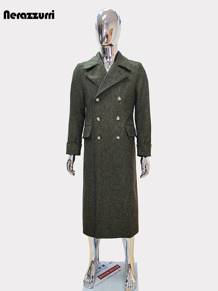 Nerazzurri Autumn Winter Long Luxury Elegant Chic Thick Warm Woolen Polo Coat for Men Double Breasted Wool & blends Overcoat