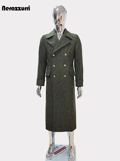 Nerazzurri Autumn Winter Long Luxury Elegant Chic Thick Warm Woolen Polo Coat for Men Double Breasted Wool & blends Overcoat