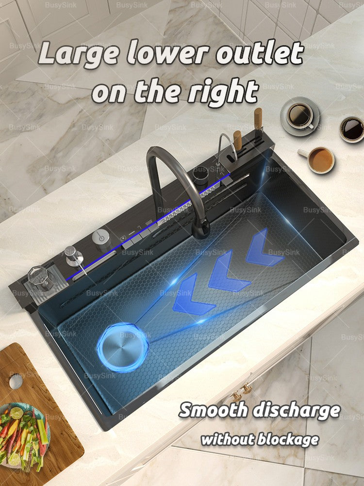 Stainless Steel Waterfall Kitchen Sink Digital Display Faucet Set Embossed Extra Large Single Slot Multiple Types of sinks