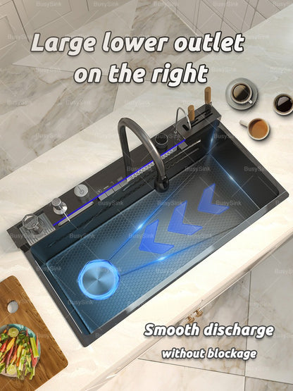 Stainless Steel Waterfall Kitchen Sink Digital Display Faucet Set Embossed Extra Large Single Slot Multiple Types of sinks