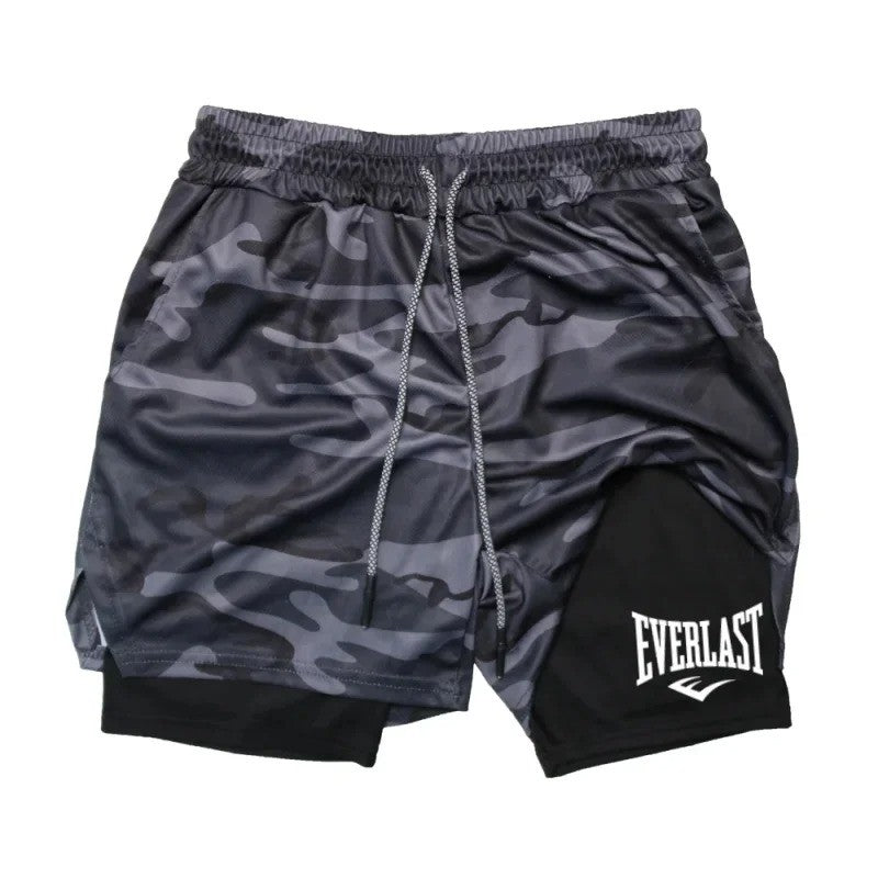 Men Compression Gym Shorts Everlast Printed Sports Pants Double Layered Quick Drying Basketball Beach Muscle Fitness PocketTowel