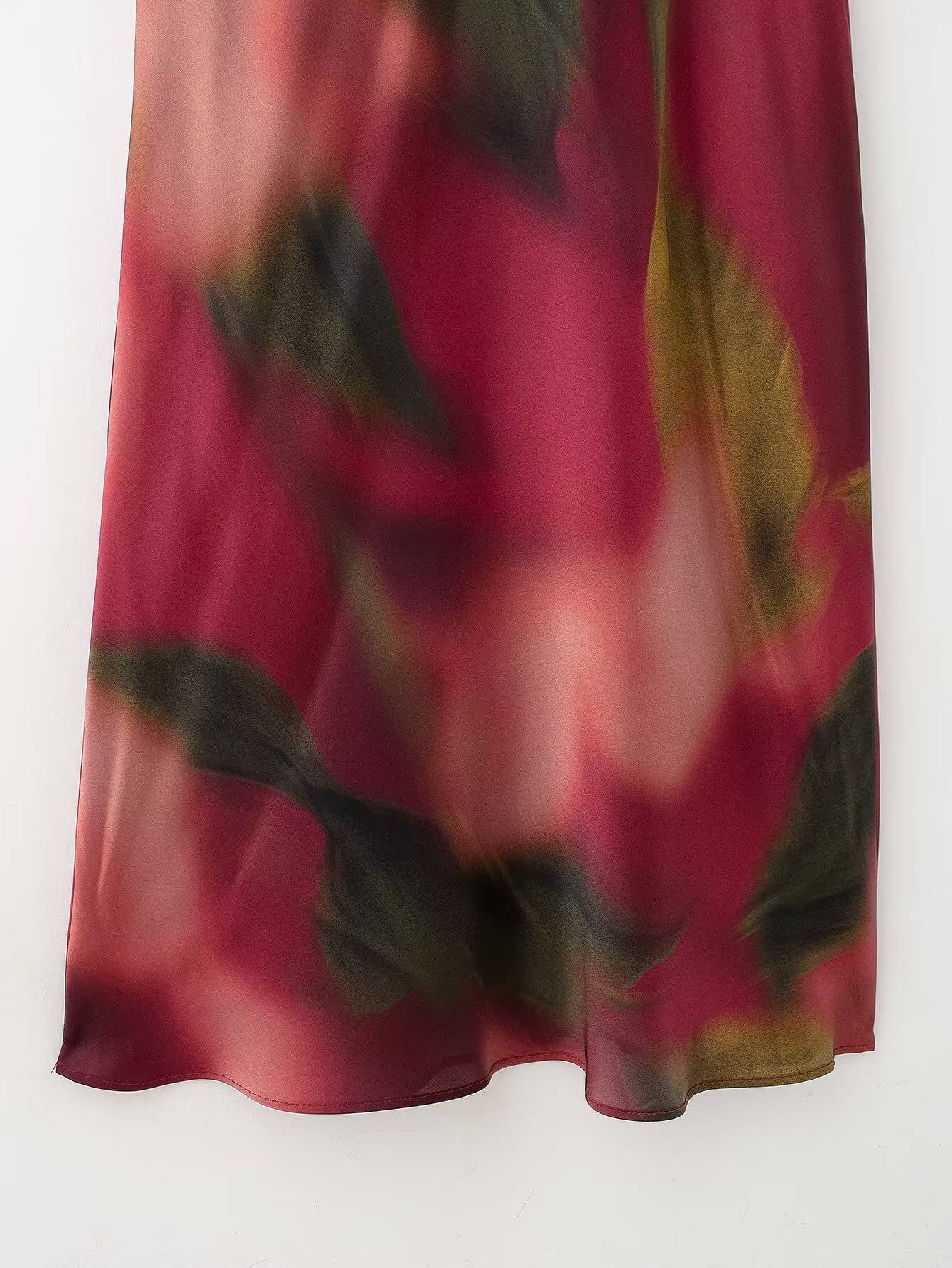 2025 RARA Spring New Women's Round Neck Waist Silk Satin Texture Printed Midi Dr