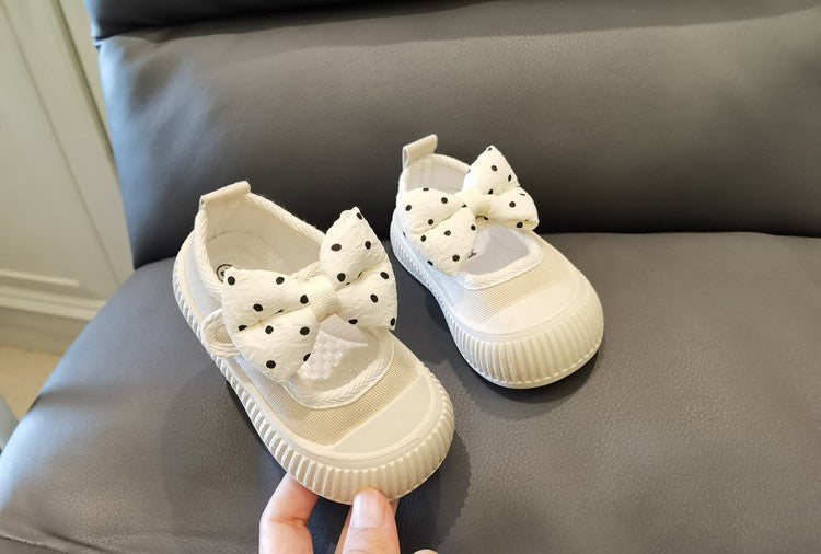 Girls Fashion Shoes Canvas Sneaker Kids Polka Dot Bow Princess Flats Breathable Baby Shoes Student Soft Sole Casual Spring Shoes