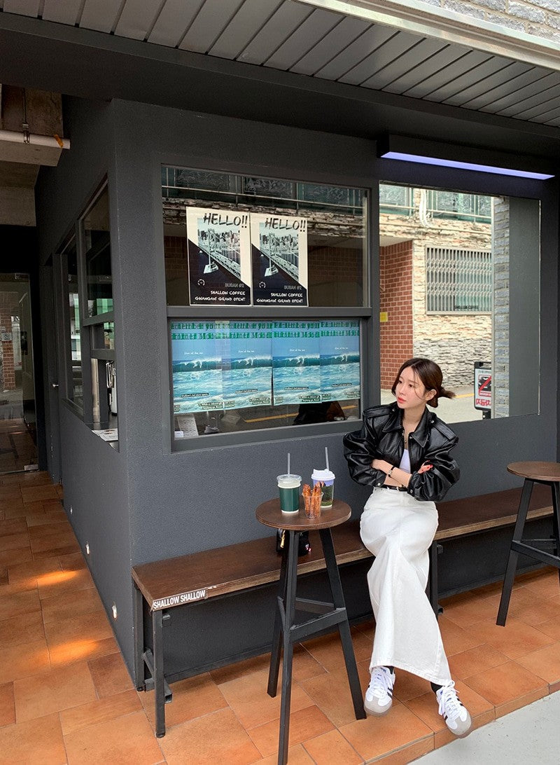 Women's Loose ort PU Leather Jaet Double ket Retro Collar Zipper Versatile Motorcycle Sle Top Trendy Commute Wind