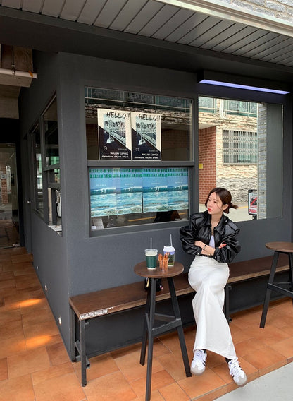 Women's Loose ort PU Leather Jaet Double ket Retro Collar Zipper Versatile Motorcycle Sle Top Trendy Commute Wind