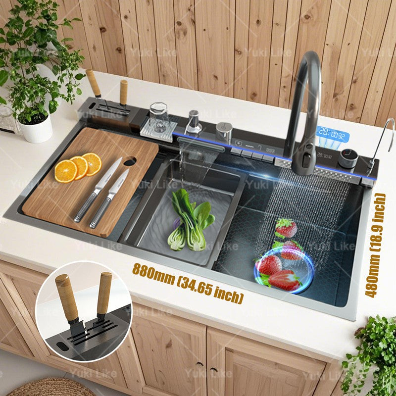 Stainless Steel Waterfall Kitchen Sink Digital Display Faucet Set Embossed Extra Large Single Slot Multiple Types of sinks