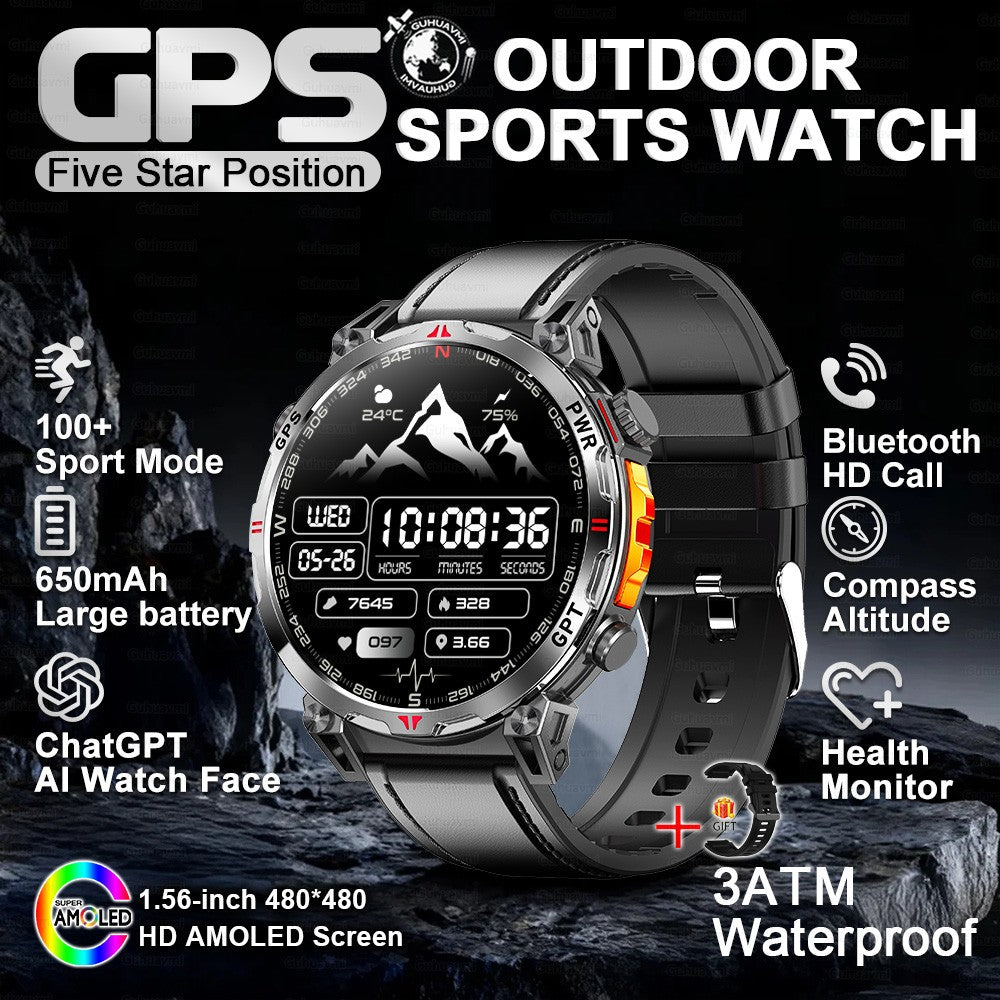 2025 Novo Relógio Inteligente Militar GPS para Exteriores Masculino 650mAh Bússola Altímetro 10ATM à Prova D'água Frequência Cardíaca Chamada Esportiva Smartwatch