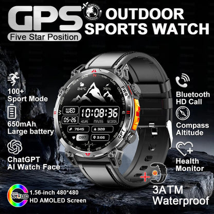 2025 Novo Relógio Inteligente Militar GPS para Exteriores Masculino 650mAh Bússola Altímetro 10ATM à Prova D'água Frequência Cardíaca Chamada Esportiva Smartwatch
