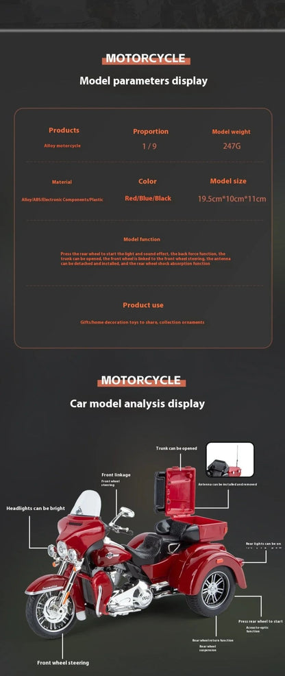 1:9 Harley D-vTRI GLIDE ULTRA Triciclo de Luxo em Liga Fundido Coleção Moto Brinquedo Luz e Som Decoração Presente