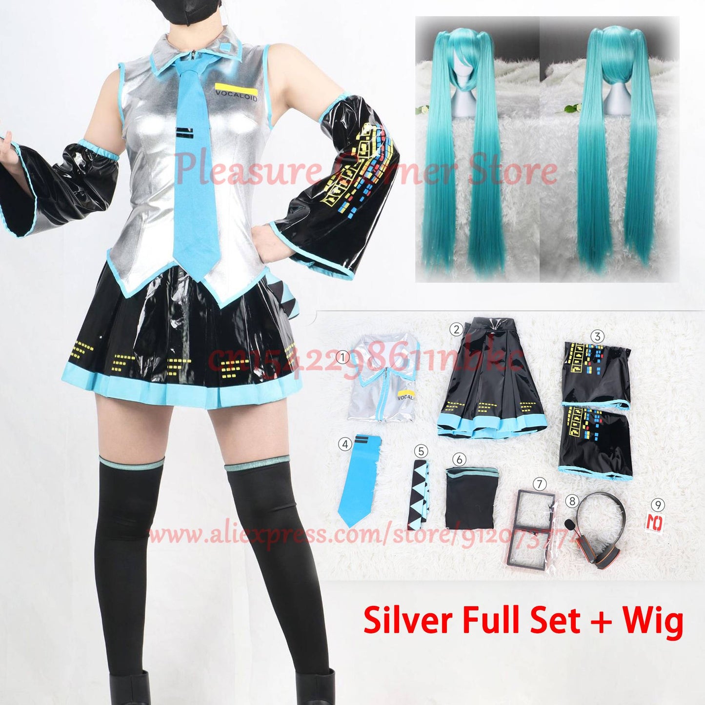 Miku Cosplay Costume Full Set Silver Leather Fabric Suit Miku Cosplay Headwear Costume Outfit JK Sailor Dress School Uniform