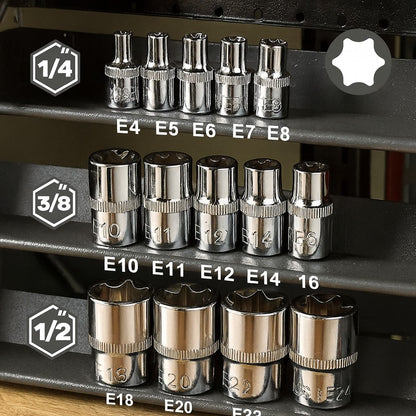 Conjunto de Soquetes Torx Fêmea de 14 Peças, Soquetes Hexagonais Externos E4-E24, para Mecânicos de Reparo Automotivo, Kit de Ferramentas Manuais Durável e Versátil