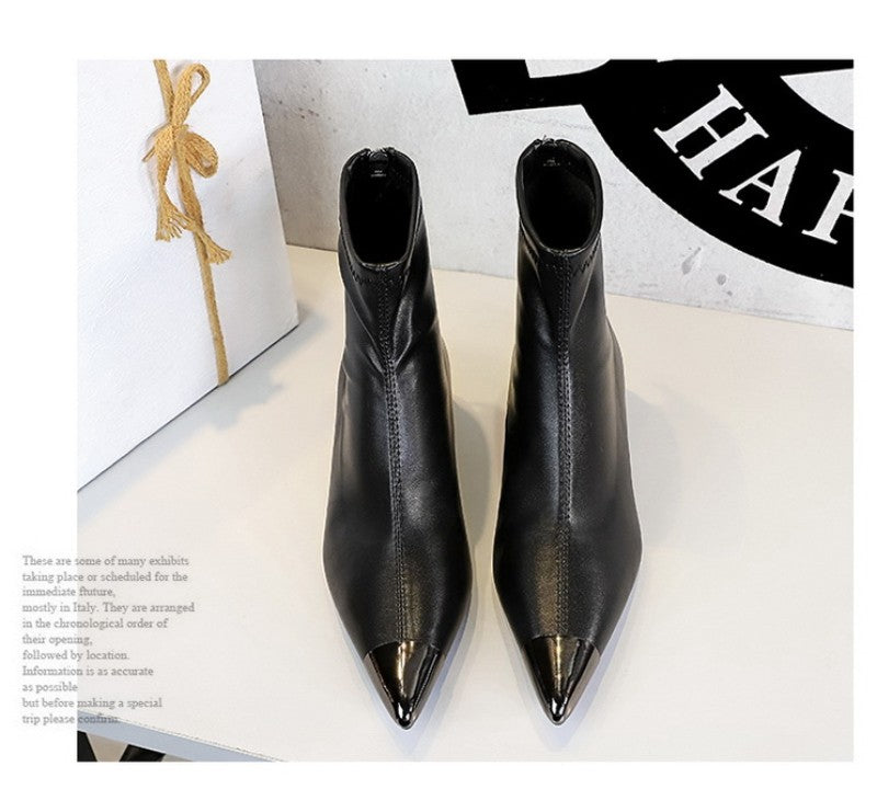 Retro European American Style Versatile Low Heel Heel Heightened Metal Pointed Iron Head Short Tube Women's Boots Short Boots