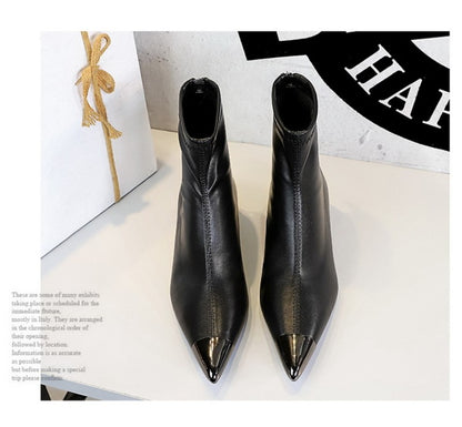 Retro European American Style Versatile Low Heel Heel Heightened Metal Pointed Iron Head Short Tube Women's Boots Short Boots