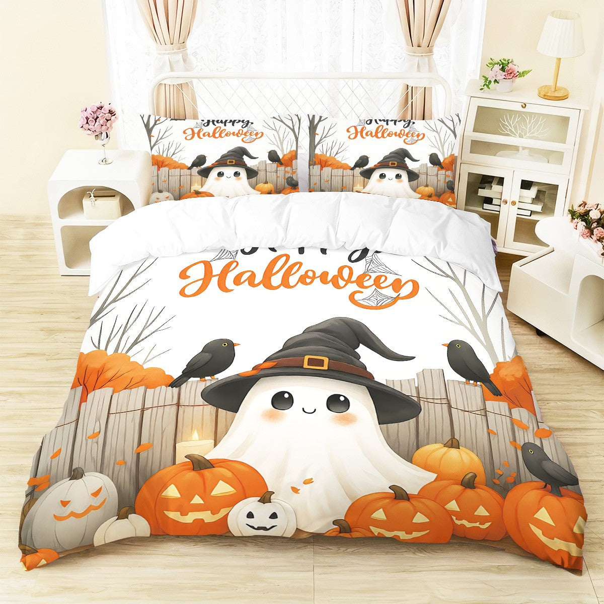 3pcs Halloween Cartoon Ghost Printed Duvet Covers, 1 Down Duvet Cover+2 Pillowcases, Coreless. Soft and Comfortable Bedding Set