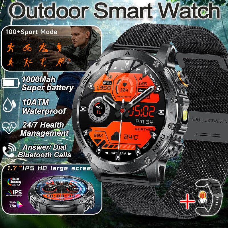 Smartwatch Militar Novo 2025 Bateria 1000mAh Monitoramento Fitness 10ATM À Prova D'Água Táticas Esportivas Lanterna Pulseira para Chamadas Masculino