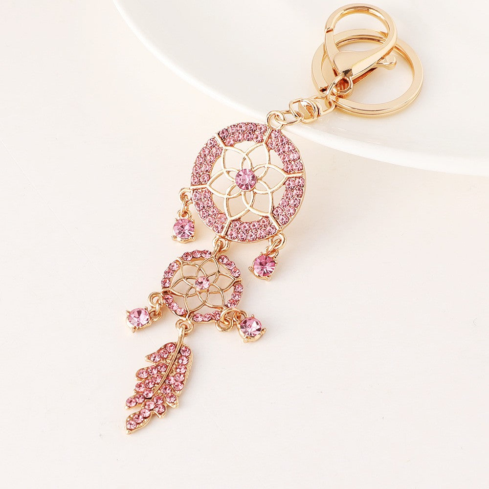 Shining Crystal Pearl Feather Dream Catcher Car Ornament – Elegant Hollow Metal w/ Sparkling Crystals Perfect Gift for Women