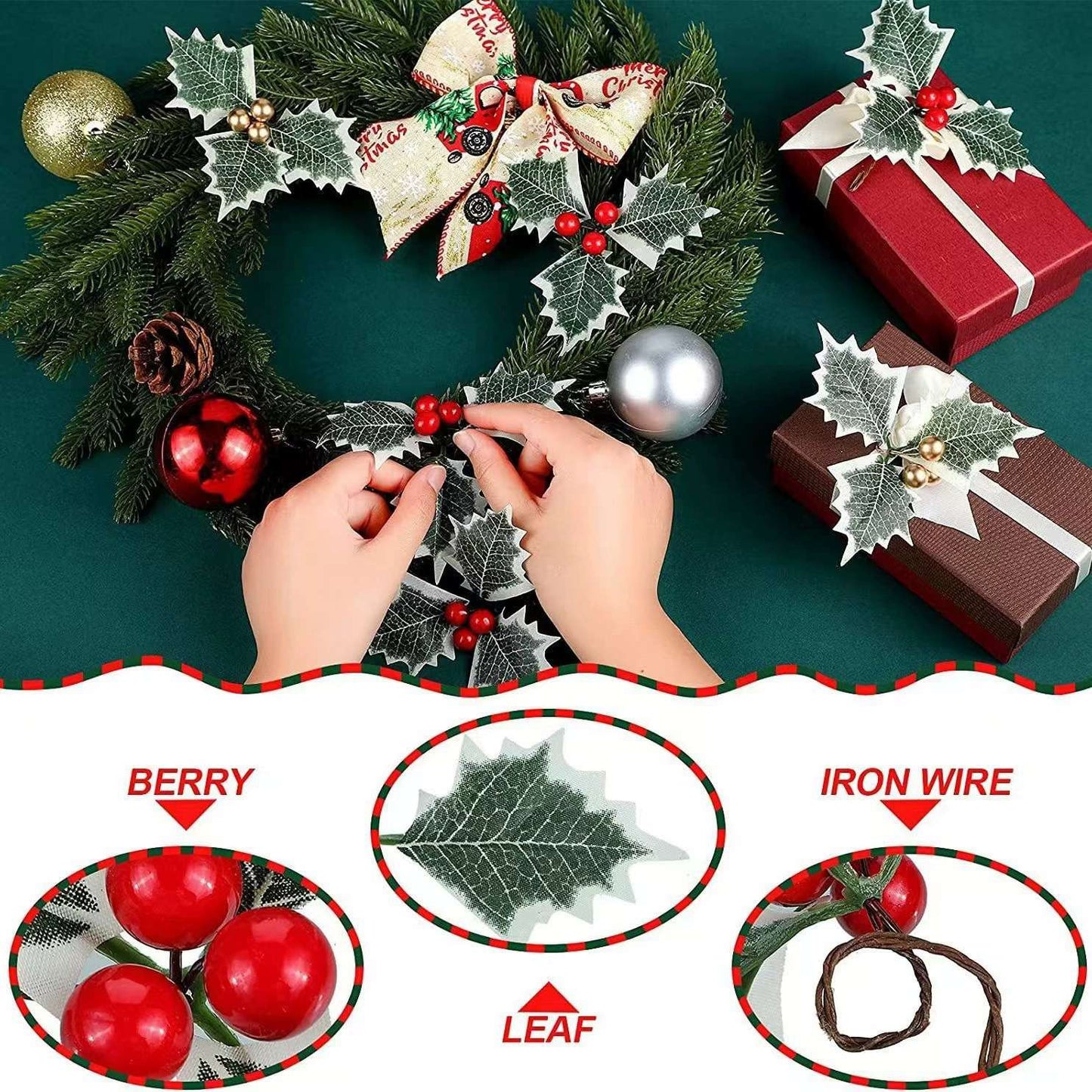 50/10Pcs Artificial Holly Berries With Green Leaves DIY Christmas Wreath Wedding Flower Gifts Xmas New Year Festival Decorations