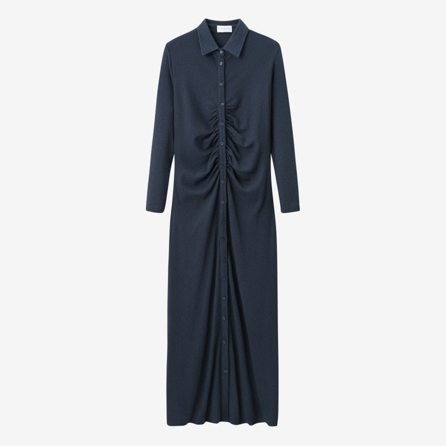 AS AW25 woman dress turn-down collar ribbing high elastic shirring maxi dress