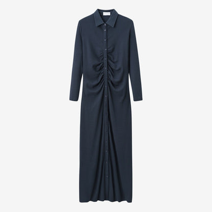 AS AW25 woman dress turn-down collar ribbing high elastic shirring maxi dress