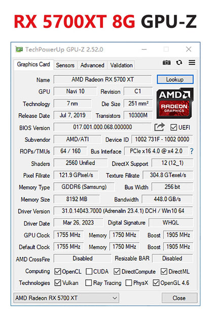 Placa de Vídeo MLLSE AMD RX5700 XT 8GB GDDR6 256Bit PCI-E 4.0×16 6+8Pin Radeon GPU Rx 5600XT Gaming