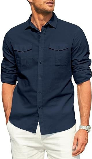 Business Men's Single-breasted Shirt Double Pocket Cotton Linen Long-sleeved Shirt Casual Vacation Shirt