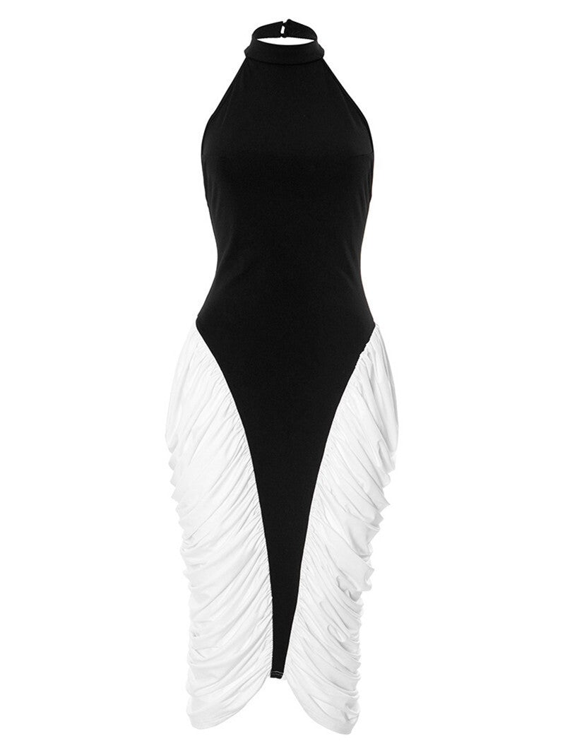 Mozision Patchwork Halter Backless Sexy Midi Dress Women Gown Elegant Fashion Co