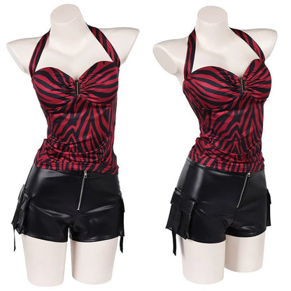 Obsession Nikki Costume Cosplay Outfit Zebra Halter Top Faux Leather Cargo Shorts Punk Streetwear Halloween Carnival Disguise