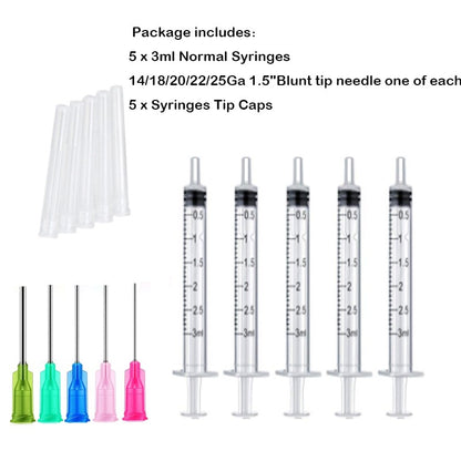 Seringa Luer de 1/3/5/10ML com Agulha de Ponta Romba de 14-25Ga 1,5" e Conjunto de Tampa de Agulhas de Distribuição de Aço Inoxidável para Mistura de Líquidos