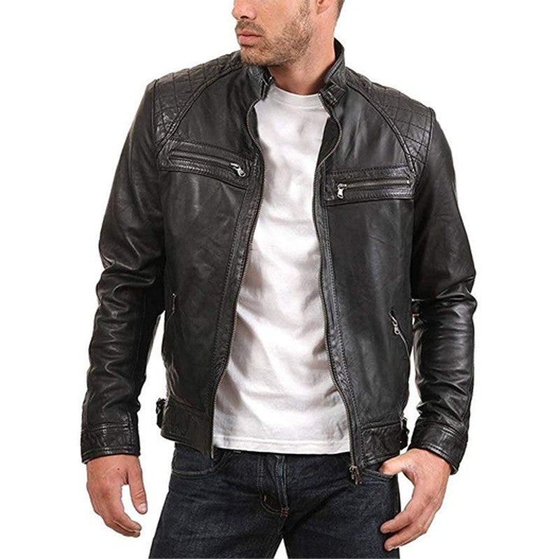 Men' s Retro Leather Jacket Stand Collar Biker Jacket Slim fit Multi-Pocket Coat Autumn Winter Outwear