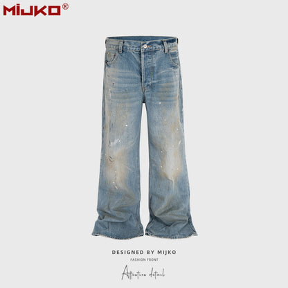 MIJKO Tie Dye Splatter Paint Denim Jeans Men's Loose Wide Leg Jeans American TJ131