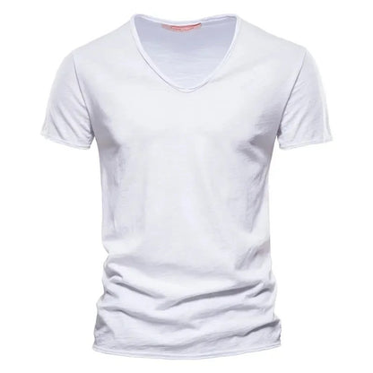 2024 hot summer men's new solid color V-neck pure cotton short sleeved T-shirt hot selling men's T-shirt top