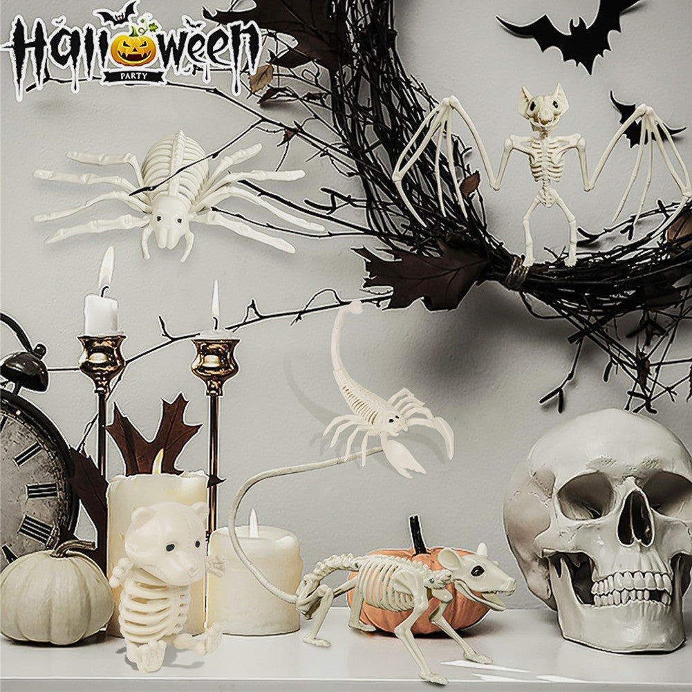 Fake Animal Skeleton Model Halloween Decor Dog Bat Spider Scorpion Cat Skeleton Scary Pendant Props Haunted House Accessories