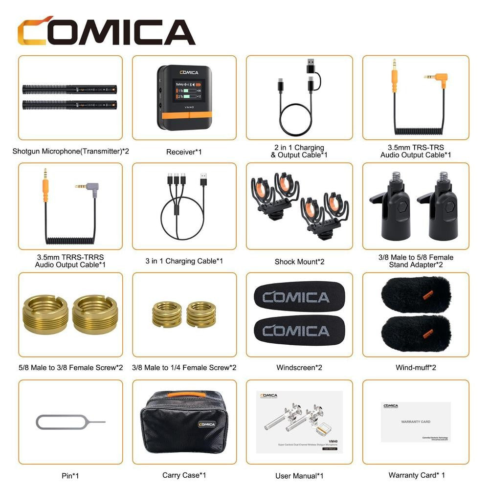 Comica VM40 2.4G Super Cardioid Microfone Shotgun Sem Fio de Canal Duplo, Modos duplo com e sem fio, para Câmera/Smartphone/PC