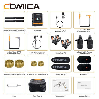 Comica VM40 2.4G Super Cardioid Microfone Shotgun Sem Fio de Canal Duplo, Modos duplo com e sem fio, para Câmera/Smartphone/PC