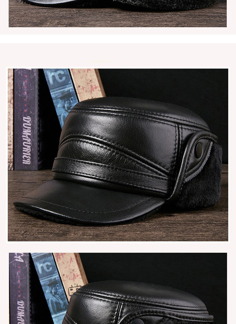 Men's Genuine Leather Duckbill Hat Winter Thickened Warm Outdoor Earflap Cotton Cap Elderly Real Leather Hat Cowhide Warm