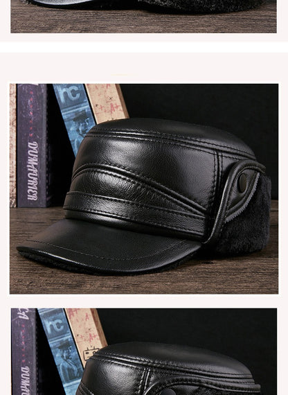 Men's Genuine Leather Duckbill Hat Winter Thickened Warm Outdoor Earflap Cotton Cap Elderly Real Leather Hat Cowhide Warm