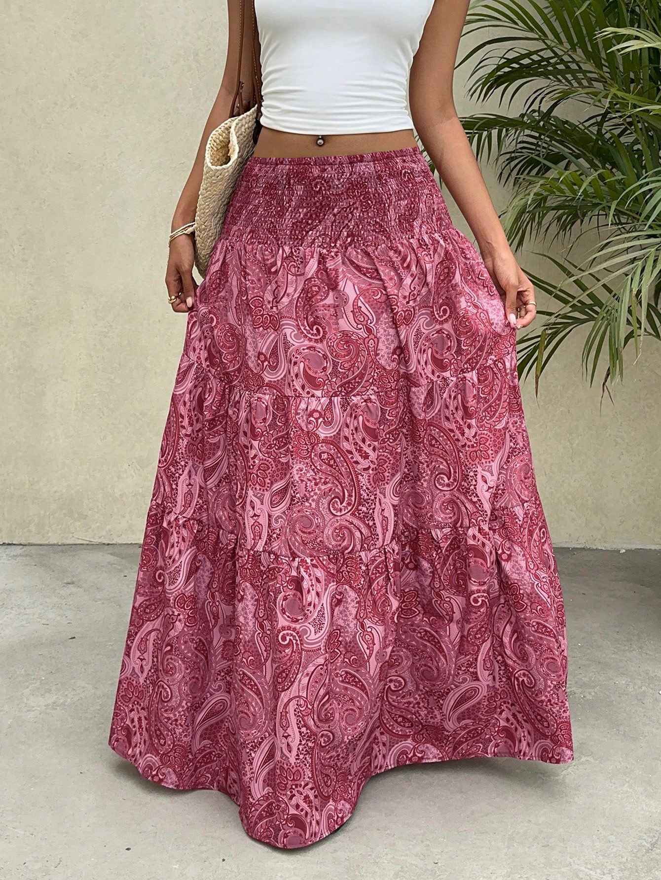 Vacation Style Stretchy Waist Long Maxi Skirt - Flowy Beach Skirt with Elastic Waistband