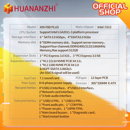 HUANANZHI X99 F8D PLUS LGA 2011-3 XEON X99 Motherboard support Intel Dual CPU E5 2640 2666 2670 2696 V3 V4 DDR4 RECC NVME NGFF