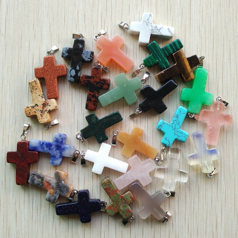 Wholesale 50pcs/lot Fashion Hot Sell Natural Stone Mixed Color Assort Cross Pendants Charms Fit Necklaces Jewelry Making